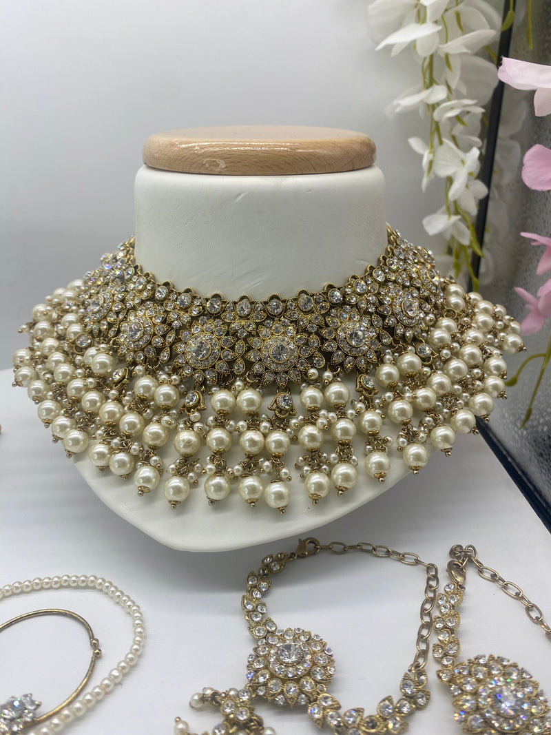 Bridal Gold Stone and White Pearl