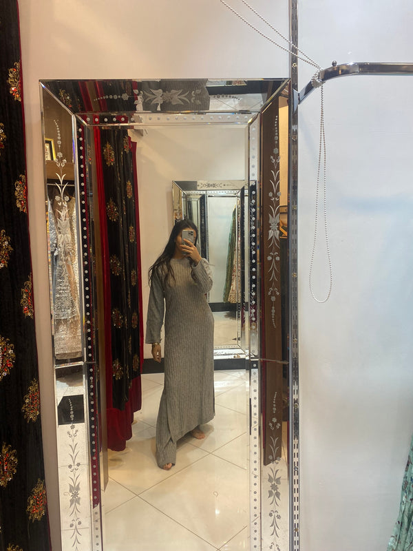 2 pc knitted long grey kameez set