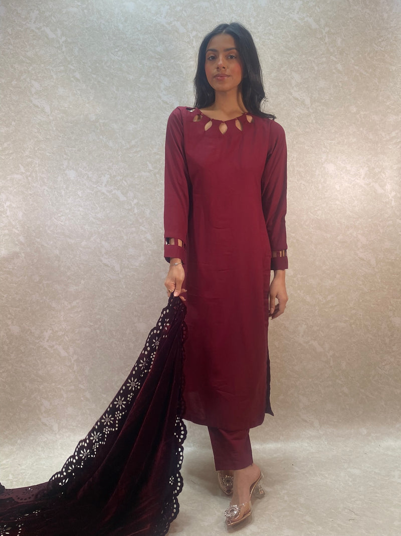 ruby maroon cutwork velvet