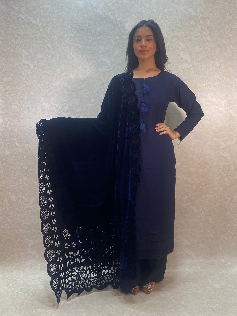 navy blue cutwork velvet