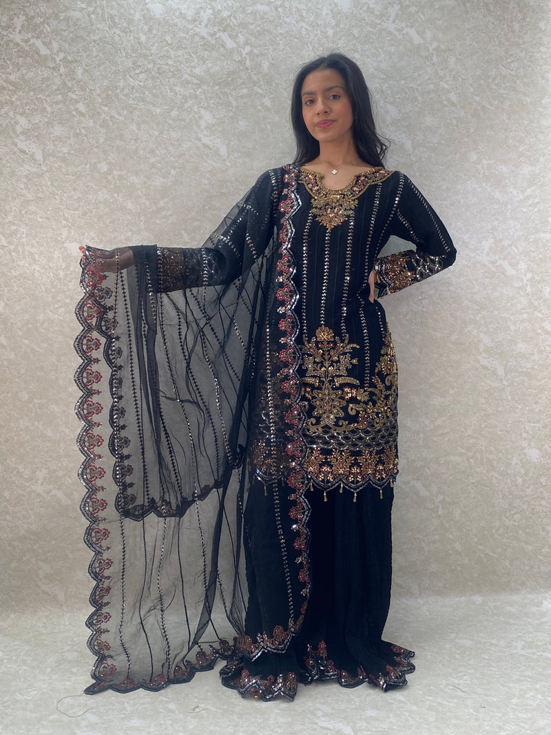 Greyish Blue Waistcoat & Black Kurta