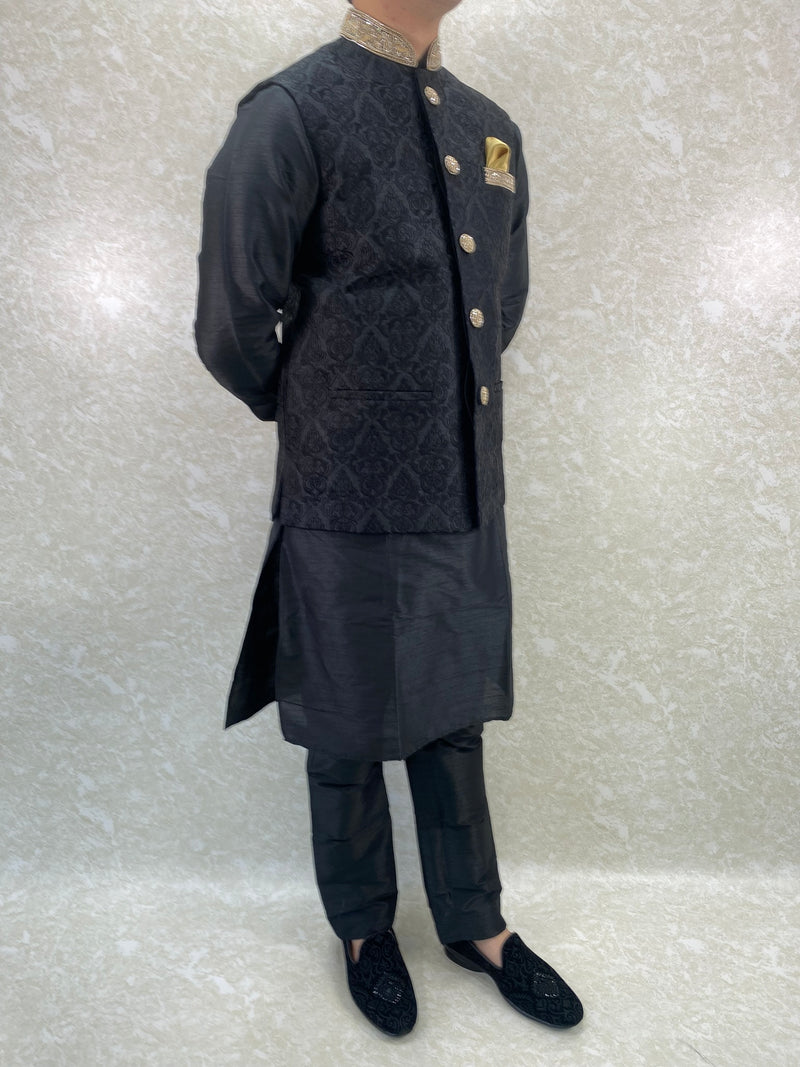 Royal Black Waistcoat & Black Kurta