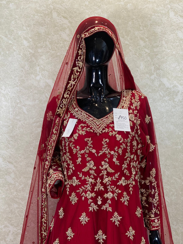 Red Kameez Style Bridal With Trail