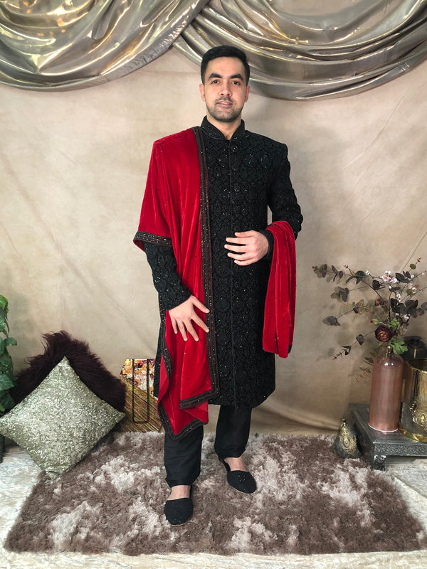 Black Sherwani with Shawl - Sai Fashions (UK) Ltd.