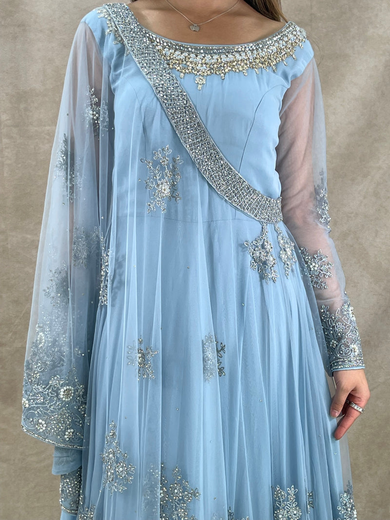 Blue Grey Cape Gown - Sai Fashions (UK) Ltd.